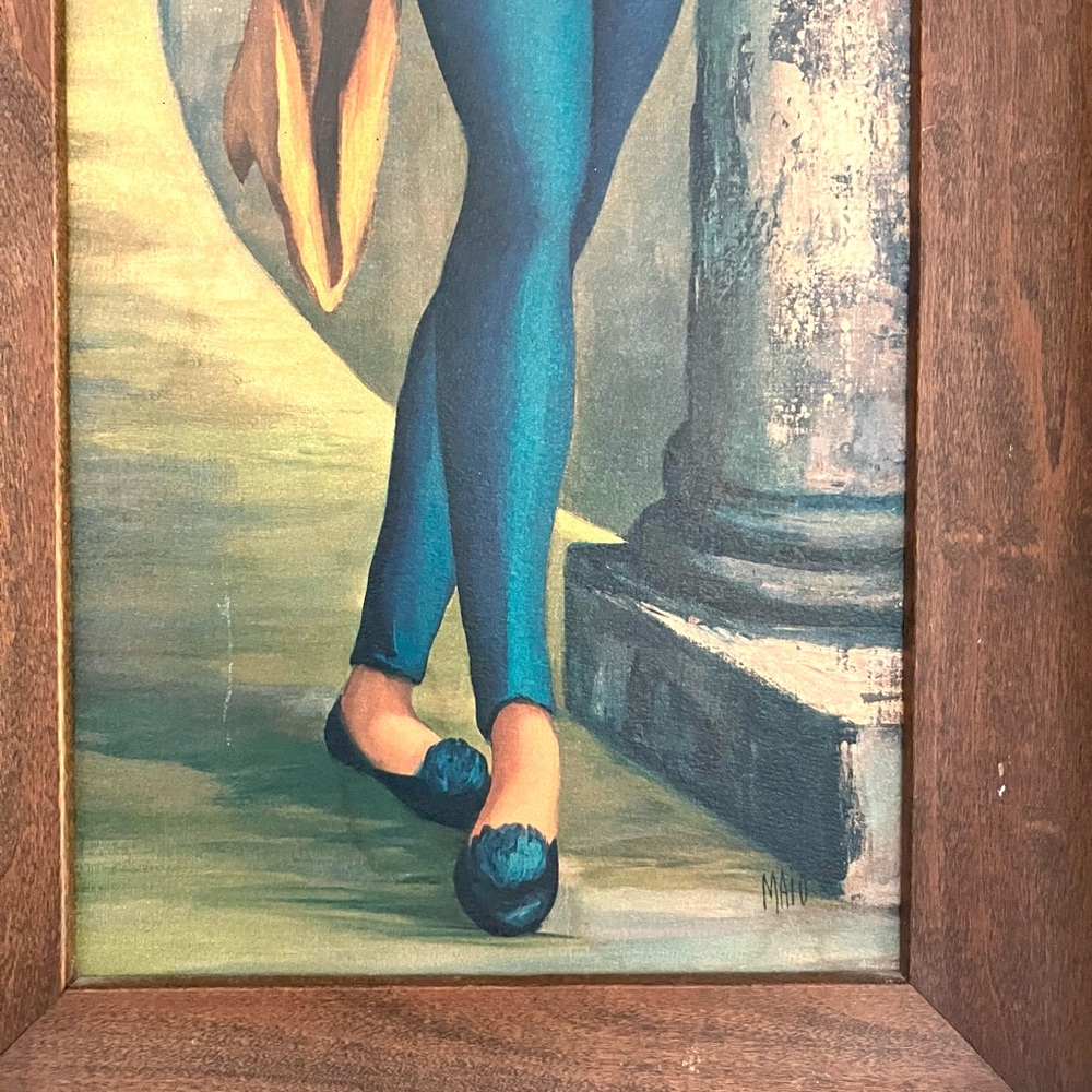 Vintage 60’s mod big eyes harlequin girl litho framed art by Maio - Picture 3 of 5